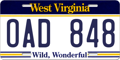 WV license plate OAD848