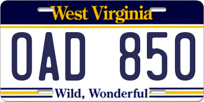 WV license plate OAD850