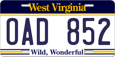 WV license plate OAD852