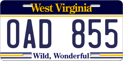 WV license plate OAD855