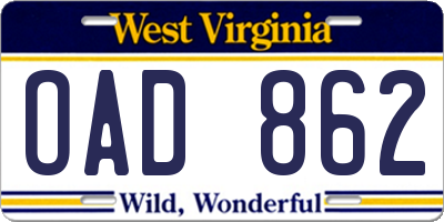 WV license plate OAD862