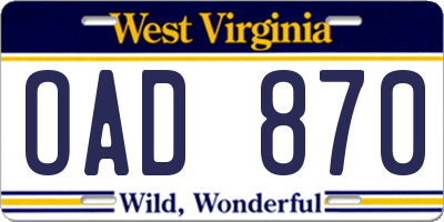 WV license plate OAD870