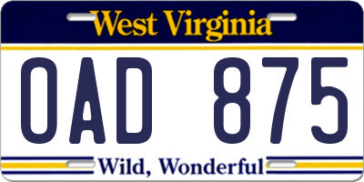 WV license plate OAD875