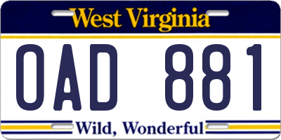 WV license plate OAD881