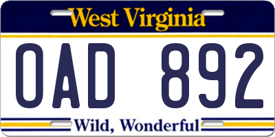 WV license plate OAD892