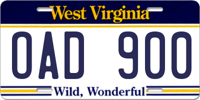 WV license plate OAD900
