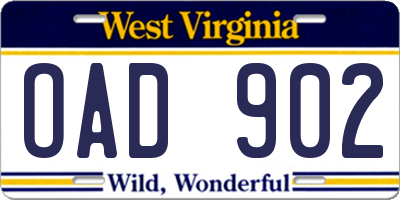 WV license plate OAD902