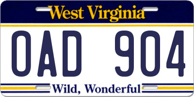 WV license plate OAD904