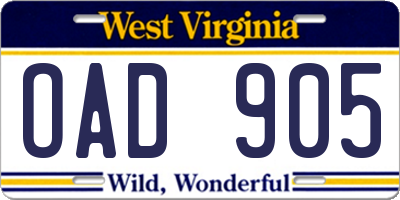 WV license plate OAD905