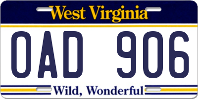 WV license plate OAD906