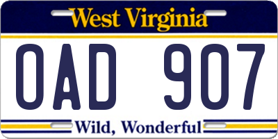 WV license plate OAD907