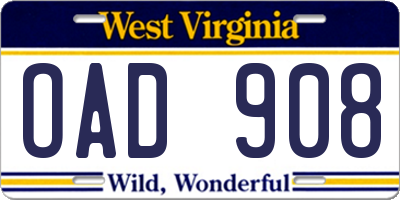 WV license plate OAD908