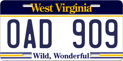 WV license plate OAD909