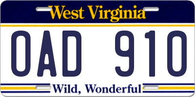 WV license plate OAD910
