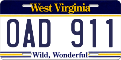 WV license plate OAD911