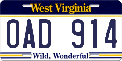 WV license plate OAD914