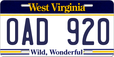 WV license plate OAD920