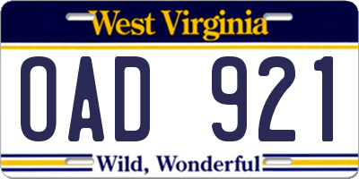 WV license plate OAD921