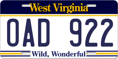 WV license plate OAD922
