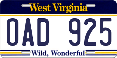 WV license plate OAD925