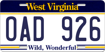 WV license plate OAD926