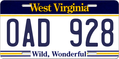 WV license plate OAD928