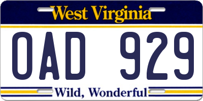 WV license plate OAD929