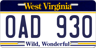 WV license plate OAD930