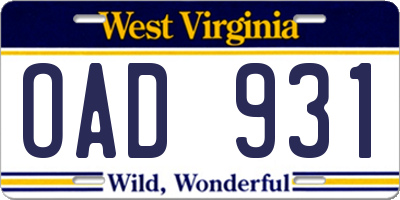 WV license plate OAD931