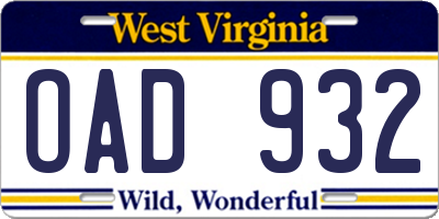 WV license plate OAD932