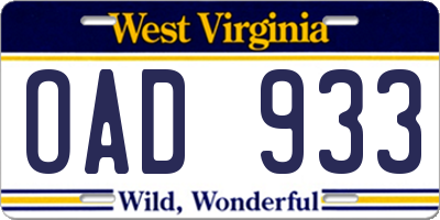 WV license plate OAD933