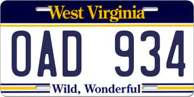 WV license plate OAD934