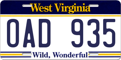 WV license plate OAD935