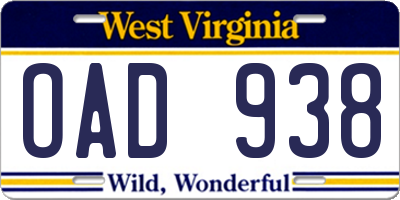WV license plate OAD938