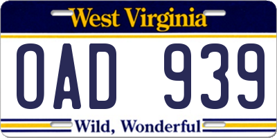 WV license plate OAD939