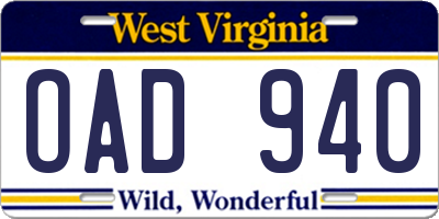 WV license plate OAD940