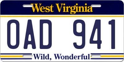 WV license plate OAD941