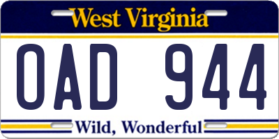WV license plate OAD944