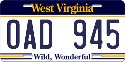 WV license plate OAD945