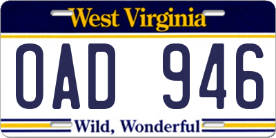 WV license plate OAD946