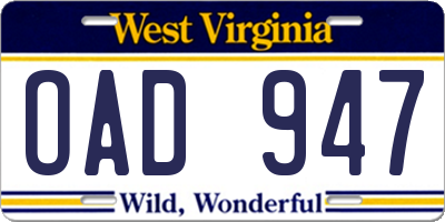WV license plate OAD947