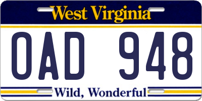 WV license plate OAD948
