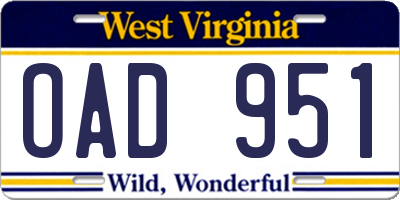 WV license plate OAD951