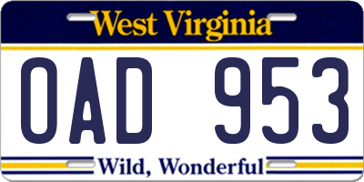 WV license plate OAD953