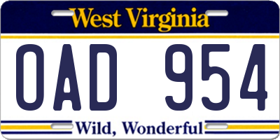 WV license plate OAD954