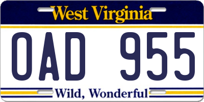 WV license plate OAD955