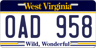 WV license plate OAD958
