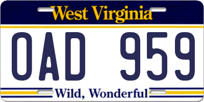 WV license plate OAD959