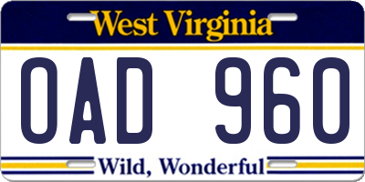 WV license plate OAD960