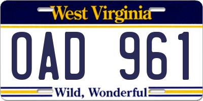 WV license plate OAD961